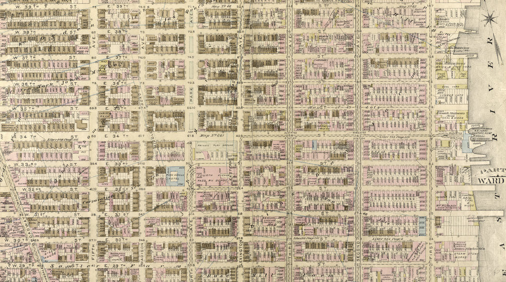 Detail of Bounded by W. 40th Street, E. 40th Street, First Avenue Harlem River, Lumber Yards, E. 27th Street, W. 27th Street and Sixth Avenue, New York by Anonymous
