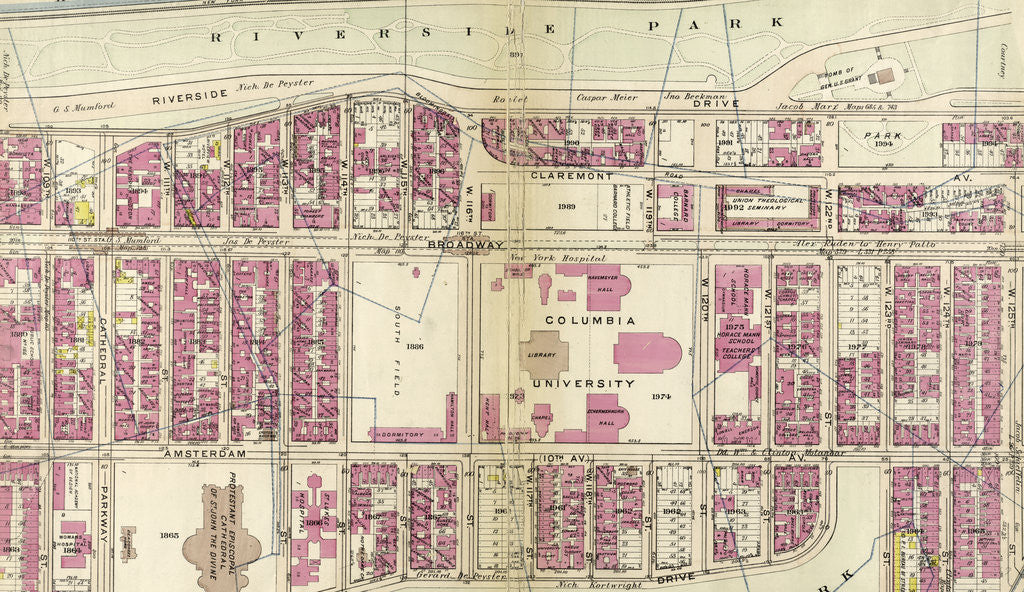 Detail of Bounded by Hudson River Riverside Park, Riverside Drive, W. 125th Street, Morningside Drive, Columbus Avenue, and W. 108th Street, New York by Anonymous