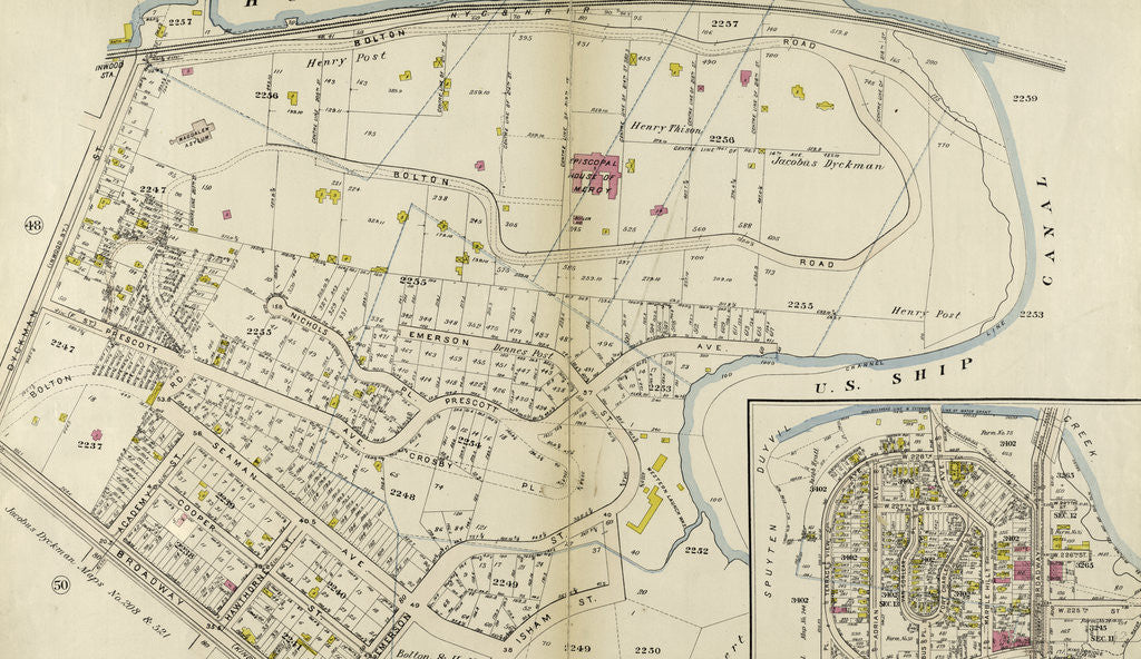Detail of Bounded by Harlem River N.Y,C. & H.R.R.R., Channel Line U.S. Ship Canal, Prescott Avenue, Emerson Street, Isham Street, Seaman Avenue, Emerson Street, Broadway Kingsbridge Road, and Dyckman Street, New York by Anonymous