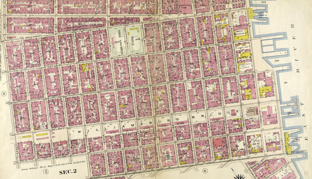 Detail of Bounded by E. 3rd Street, East River, Piers 60-64 Tompkins Street, East River, Piers 55-60 East Street, Water Street, Corlears Street, Grand Street, Attorney Street, Essex Street, and Avenue A., New York by Anonymous