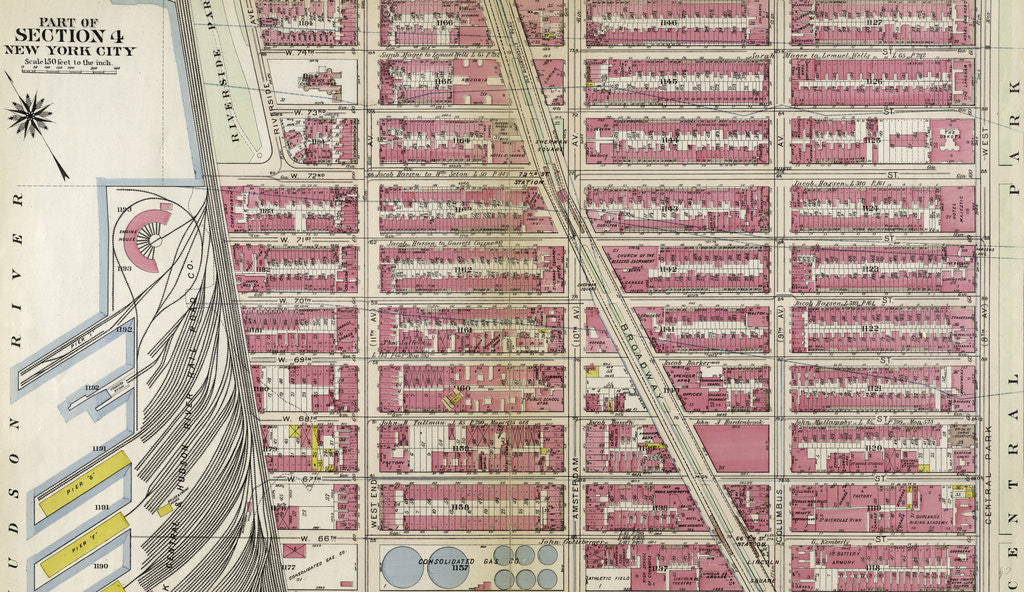 Detail of Bounded by W. 75th Street, Central Park West 8th Avenue, W. 64th Street, Hudson River Piers E-I, W. 72nd Street, and Riverside Avenue, New York by Anonymous