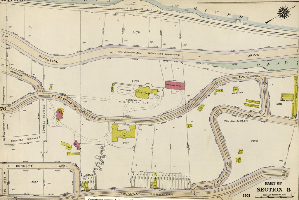Detail of Bounded by Riverside Drive Hudson River, Corbin Place, Ft. Washington Avenue, Broadway, W. 192nd Street, Overlook Terrace and Northern Avenue, New York by Anonymous