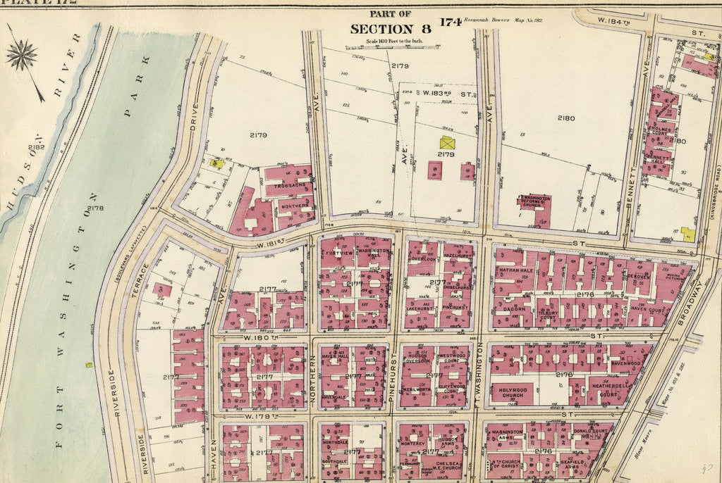 Detail of Bounded by W. 181st Street, Bennet Avenue, W. 184th Street, Broadway, W. 178th Street and Fort Washington Park, Hudson River Riverside Drive, New York by Anonymous