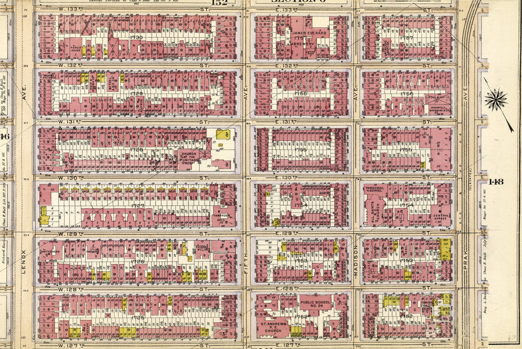 Detail of Bounded by W. 133rd Street, E. 133rd Street, Park Avenue, E. 127th Street, W. 127th Street and Lenox Avenue, New York by Anonymous