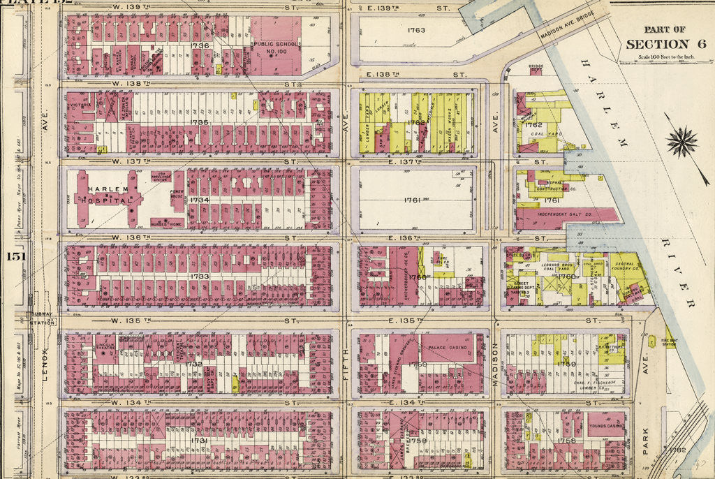 Detail of Bounded by W. 139th Street, Fifth Avenue, E. 138th Street, Harlem River Madison Avenue, E. 135th Street, Park Avenue, E. 133rd Street, W. 133rd Street and Lenox Avenue, New York by Anonymous