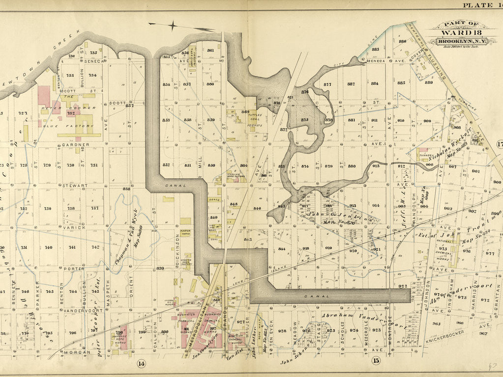 Detail of Bounded by Newtown Creek Seneca Avenue, Flushing Avenue, Grattan Street, Knickerbocker Avenue, Morgan Avenue, Amos Street, Gardner Avenue, Maspeth Avenue, Scott Street and Bullion Street, New York by Anonymous