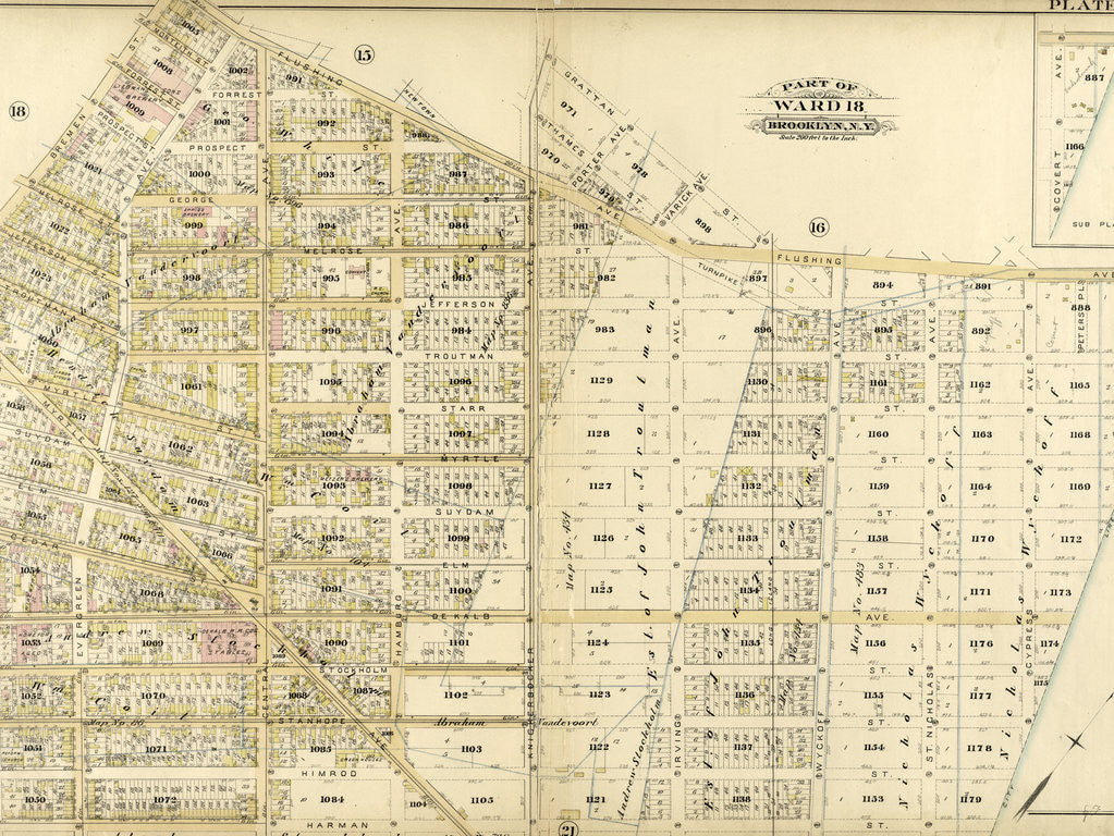 Detail of Bounded by Flushing Avenue, Knickerbocker Avenue, Grattan Street, Flushing Avenue, Covert Avenue, Myrtle Avenue, Cypress Street, Standhope Street, St. Nicholas Avenue, Harman Street, Bushwick Avenue and Bremen Street, New York by Anonymous