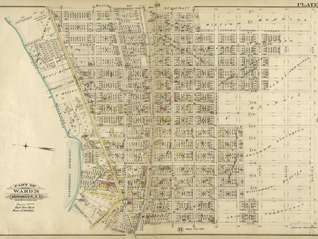 Detail of Bounded by Jefferson Street, Duryea Avenue, Henry Avenue, Atlantic Avenue, Williams Place, Jamaica Turnpike, Broadway, Cactus Place, and Highland Boulevard, New York by Anonymous