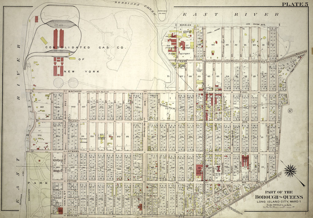 Detail of Bounded by Con. Ed. Gas Co. of N.Y.Winthrop Avenue, Blackwell Avenue, Berrian AVenue, Cabinet Street, Riker Avenue, Bowery Bay Road, Flushing Avenue, Woolsey Avenue and East River Barclay Street, New York by Anonymous