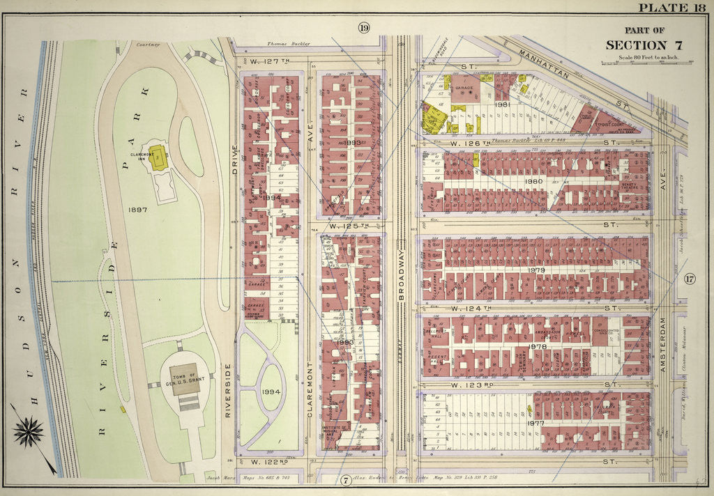 Detail of Bounded by W. 127th Street, Manhattan Street, Amsterdam Avenue, W. 122nd Street and Riverside Park Riverside Drive, New York by Anonymous