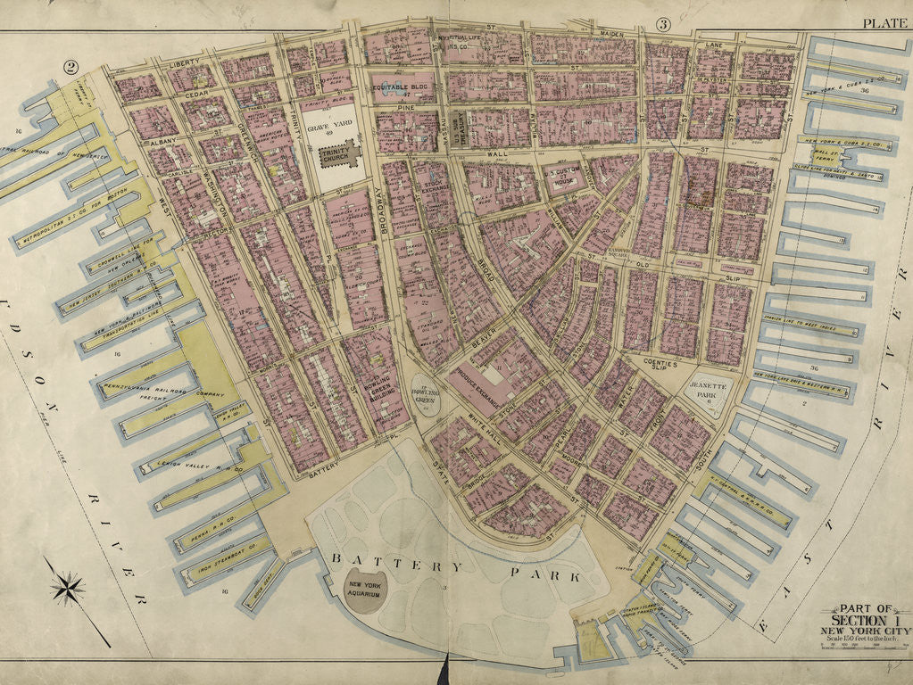 Detail of Bounded by Liberty Street, Maiden Lane, South Street East River, Piers 1-18, White Hall Street, State Street Battery Park, Battery Place,and Hudson River, Piers A, 1-14 West Street, New York by Anonymous