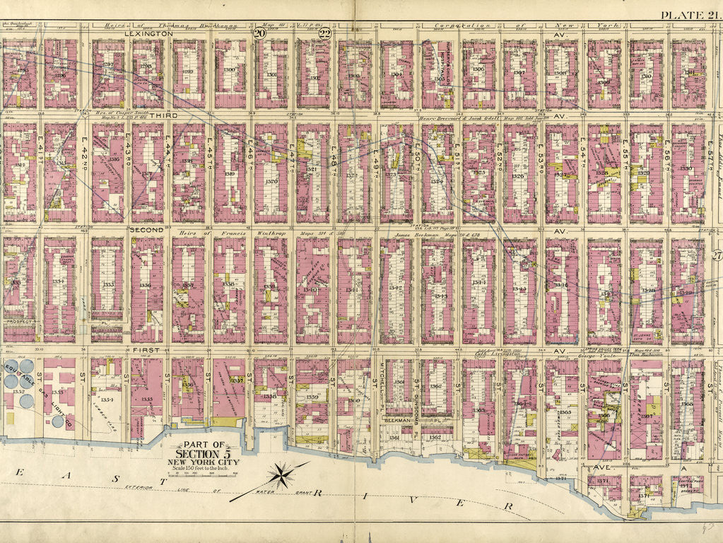 Detail of Bounded by Lexington Avenue, E. 57th Street, Avenue A, E. 54th Street, First Avenue East River, and E. 40th Street, New York by Anonymous