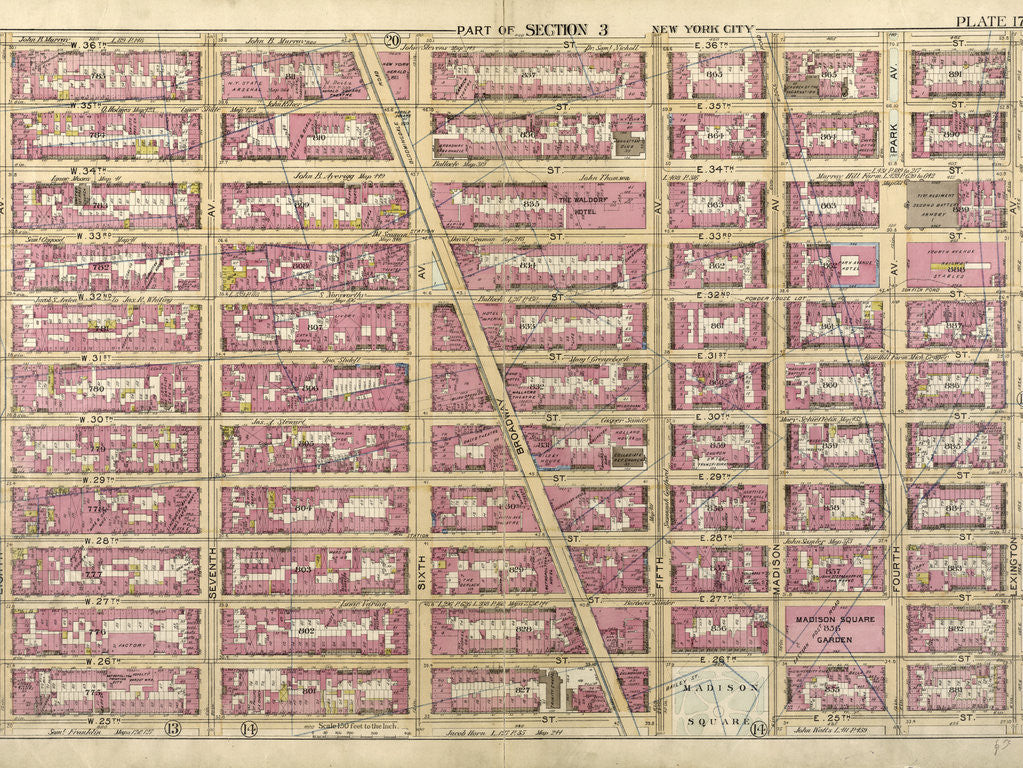 Detail of Bounded by W. 36th Street, E. 36th Street, Lexington Avenue, E. 25th Street, Madison Avenue, E. 26th Street, Fifth Avenue, W. 25th Street and Eighth Avenue, New York by Anonymous