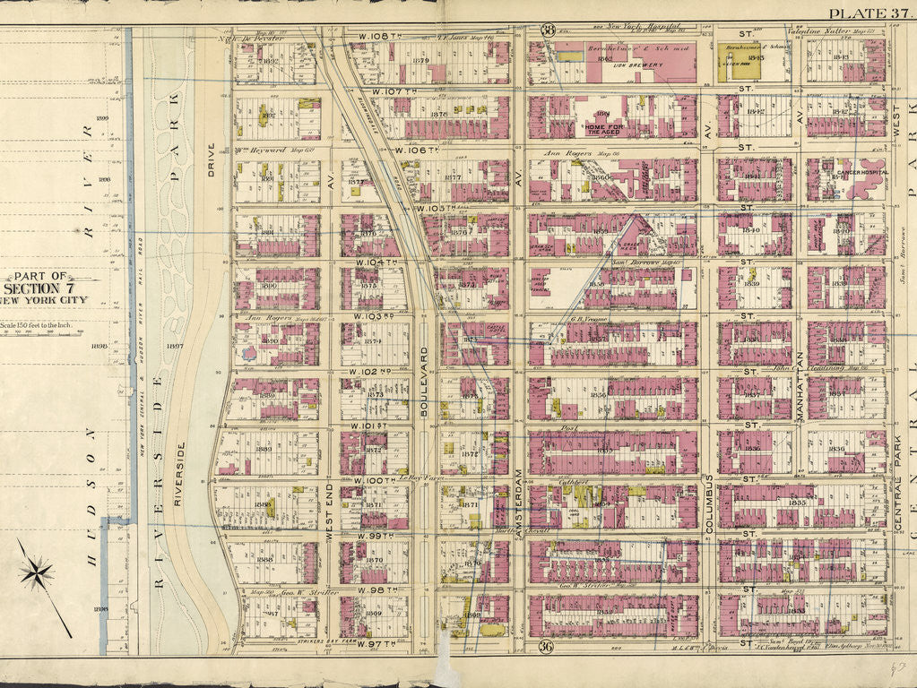 Detail of Bounded by W. 108th Street, Central Park West, W. 97th Street and Hudson River Riverside Drive, New York by Anonymous