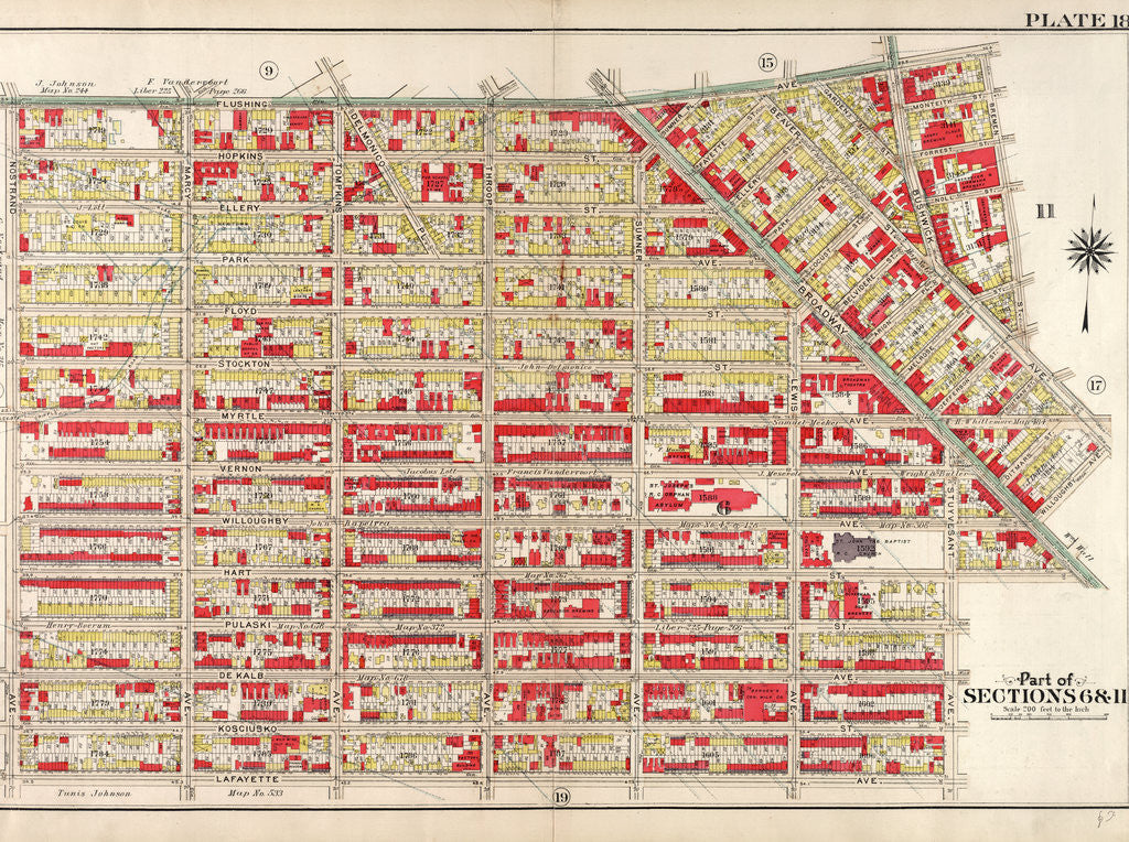 Detail of Bounded by Flushing Avenue, Bremen Street, Bushwick Avenue, Willoughby Avenue, Broadway, Hart Street, Stuyvesant Avenue, Lafayette Avenue and Nostrand Avenue, New York by Anonymous