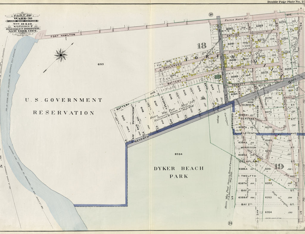 Detail of Bounded by U.S. Government Reservation Fort Hamilton Avenue, 86th Street, Bay 2nd Street, Benson Avenue, Delaplaine Street, Atlantic Avenue, Dyker Beach Park Seventh Avenue, 170th Street, Battery Avenue, Cropsey Avenue, Dah., New York by Anonymous