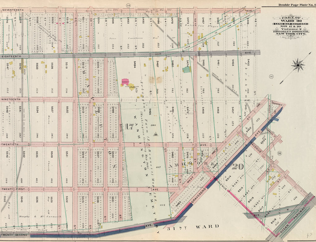 Detail of Bounded by Seventeenth Avenue, 48th Street, Nineteenth Avenue, Washington Avenue, Gravesend Avenue, Elmwood Street, East 2nd Street, Avenue I, Ocean Parkway, Avenue J, Gravesend Avenue, Twenty Second Avenue and 65th Street, New York by Anonymous