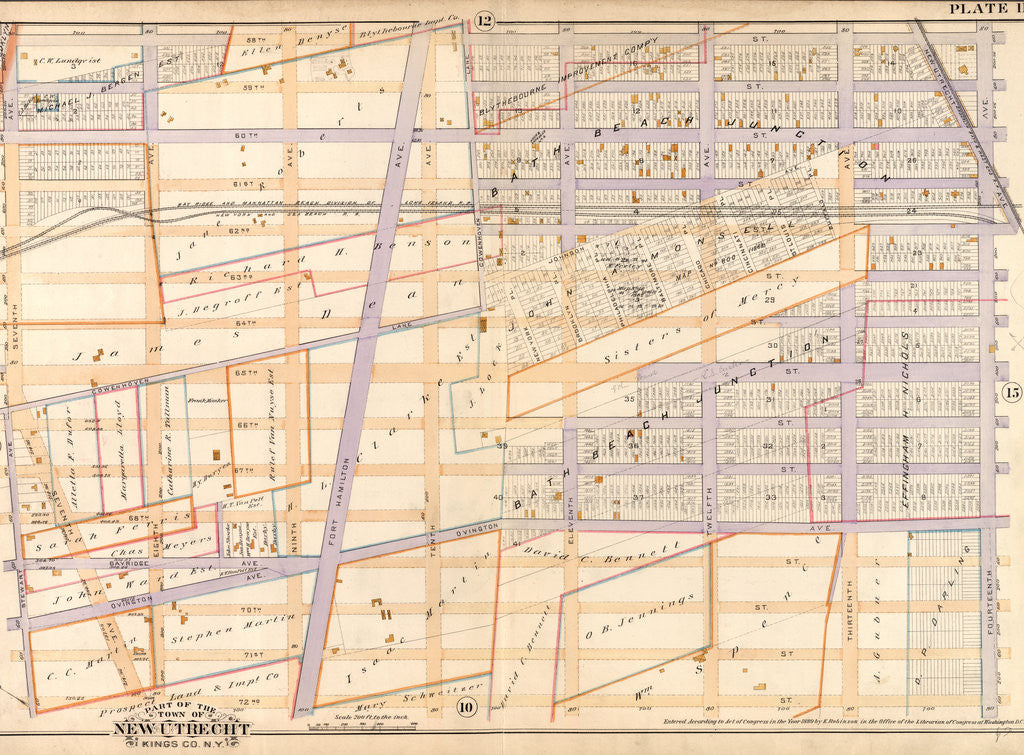 Detail of Bounded by 58th Street, Fourteenth Avenue, 72nd Street, Stewart Avenue Cowenhoven Lane and Seventh Avenue, New York by Anonymous