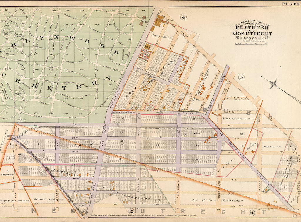 Detail of Bounded by West Street, Sixteenth Avenue, 43rd Street, Ninth Avenue, 37th Street Greenwood Cemetery and Fort Hamilton Avenue, New York by Anonymous