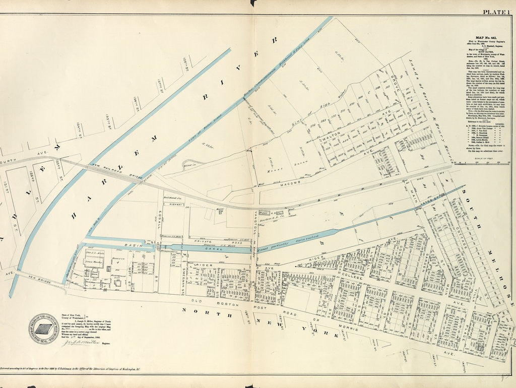 Detail of Map No. 441 Bounded by Fourth Avenue, 138th Street, ... Harlem River Line of Water Grant, Bulkhead & Pier Line, Grove Street, Cottage Street, Old Boston Post Road or Morris Avenue, New York by Anonymous