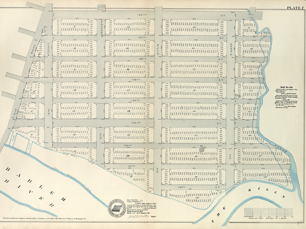 Detail of Map No. 419 Bounded by 138th Street, Mill Brook, 131st Street, Morris Avenue, 130th Street, Harlem River High Water Line and Third Avenue, New York by Anonymous