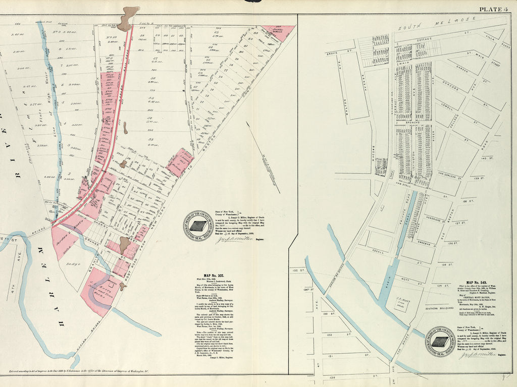 Detail of Map No. 302 Bounded by Harlem River, 149th Street and Post Road from New York to Boston.- Map No. 549 Bounded by Grove St., Cottage St., Villa Place, Old Boston Road, 130th Street, 4th Avenue, Macomb Avenue and Walton Avenue, New York by Anonymous