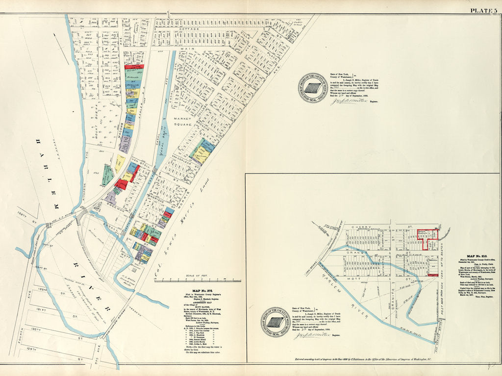 Detail of Map No. 375 Bounded by Fourth Avenue, Riverside Avenue, Macomb Avenue, Cottage Street, Morris Avenue, 3rd Avenue and 129th Street. - Map No. 213 Bounded by Cherry Street, Old Harlem Bridge Post Road from New York to Boston, Harlem River, New York by Anonymous