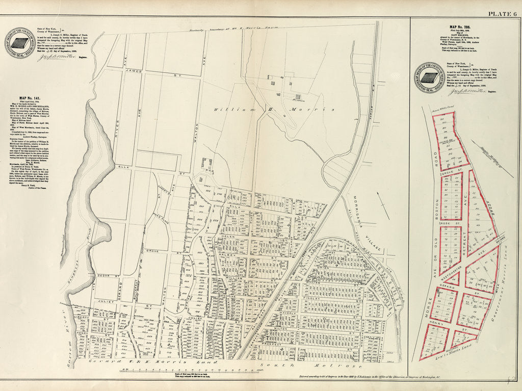 Detail of Map No. 141 Bounded by James Street, Wm. Morris Farm, Rail Road Avenue, Prospect Street, Juliet Street, Gerard Street, Henry Street and River Avenue.- Map No. 286 {Bounded by James WElls Land, Mill Brook, Henry Street and Morse Avenue, New York by Anonymous