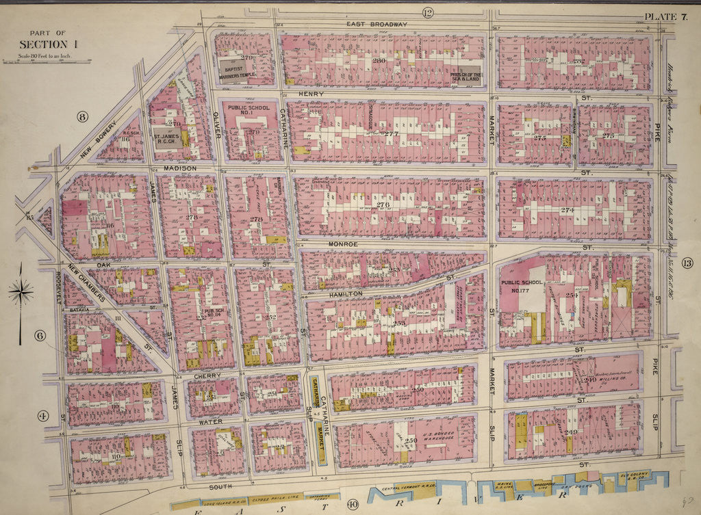 Detail of Bounded by New Bowery Street, East Broadway, Pike Street, Pike Slip, South Street, and New Street, New York by Anonymous