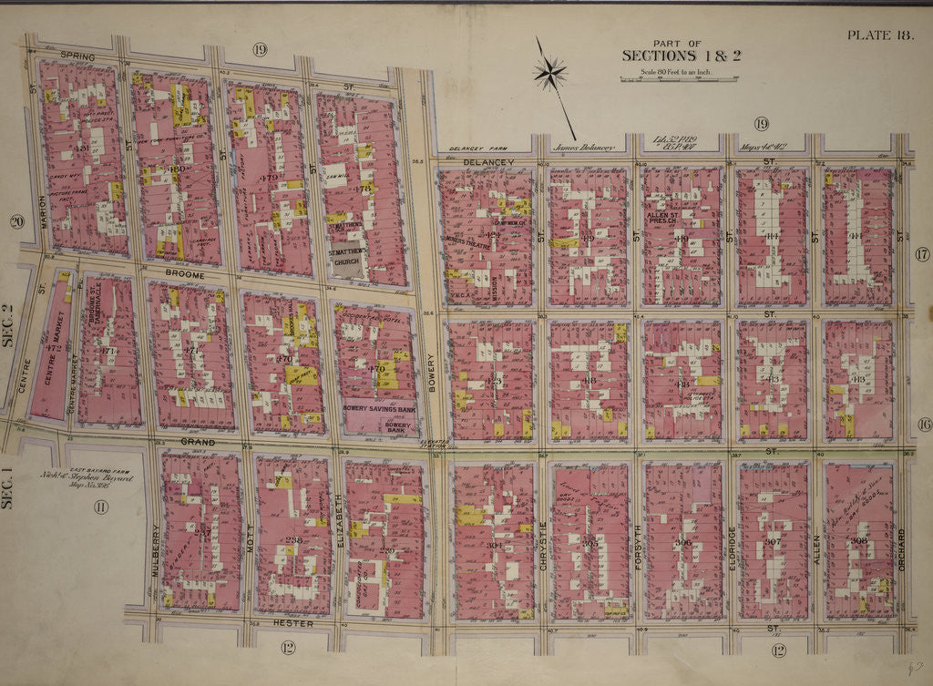 Detail of Bounded by Spring Street, Bowery Street, Delancey Street, Orchard Street, Hester Street, Mulberry Street, Grand Street, Centre Street and Marion Street, New York by Anonymous