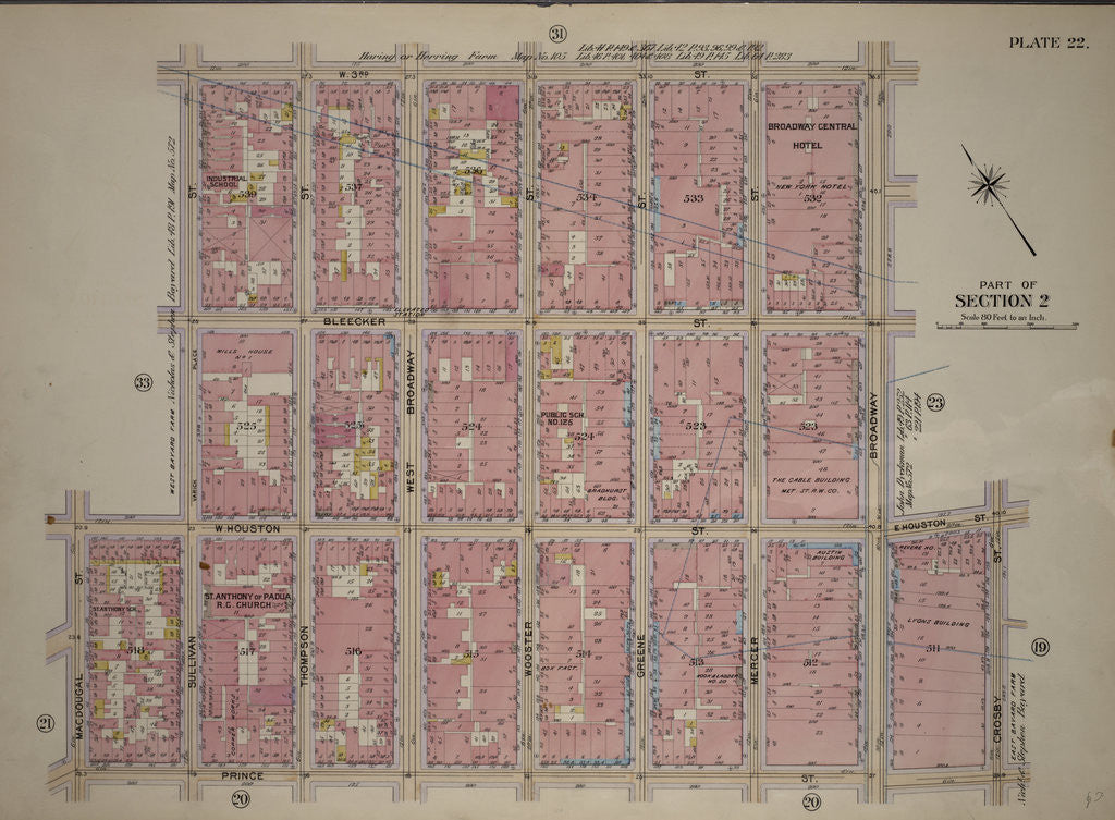 Detail of Bounded by W. 3rd Street, Broadway, E. Houston Street, Prince Street, Macdougal Street, W. Houston Street and Sullivan Street, New York by Anonymous