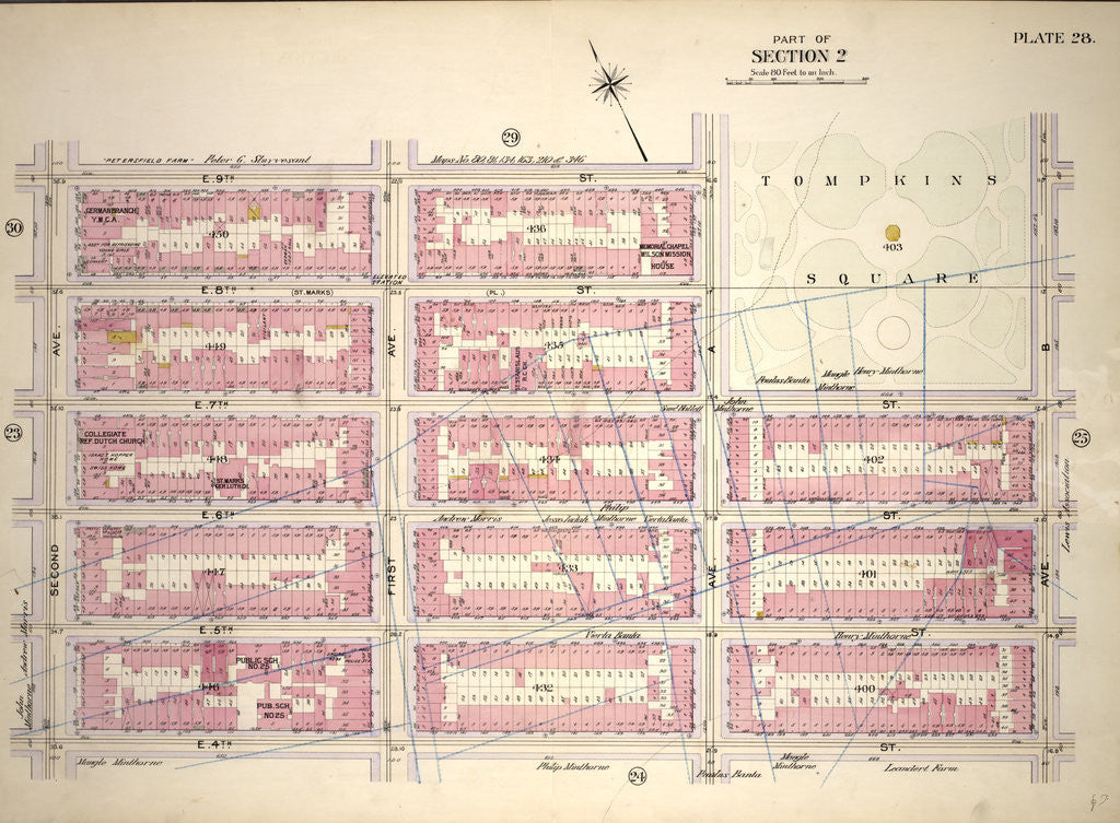 Detail of Bounded by E. 9th Street, Avenue A, E. 7th Street, Avenue B, E. 14th Street and Second Avenue, New York by Anonymous