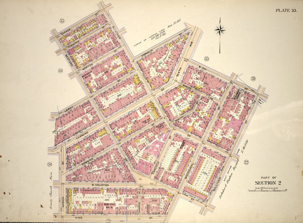 Detail of Bounded by Barrow Street, Bleecker Street, W. Houston Street, Macdougal Street, King Street, Varick Street, Leroy Street and Bedford Street, New York by Anonymous