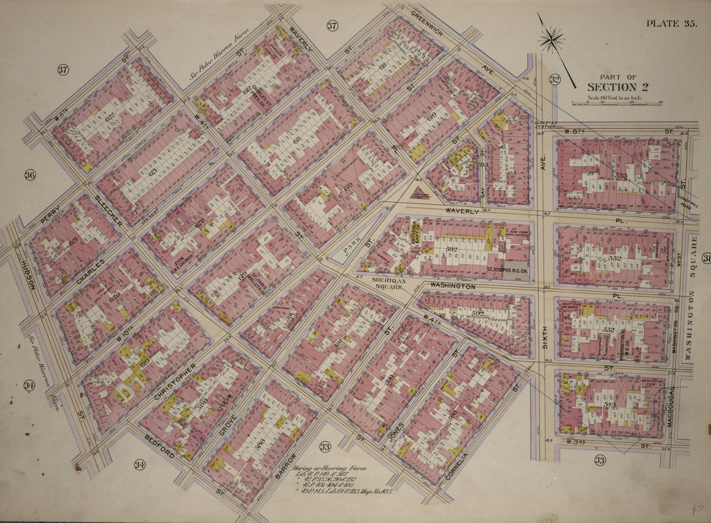 Detail of Bounded by W. 11th Street, W. 4th Street, Perry Street, Waverly Place, Charles Street, Greenwich Avenue, Sixth Avenue, W. 8th Street, West Street, Macdougal Street, W. 3rd Street, Sixth Avenue, Cornelia Street, Bleecker Street, New York by Anonymous