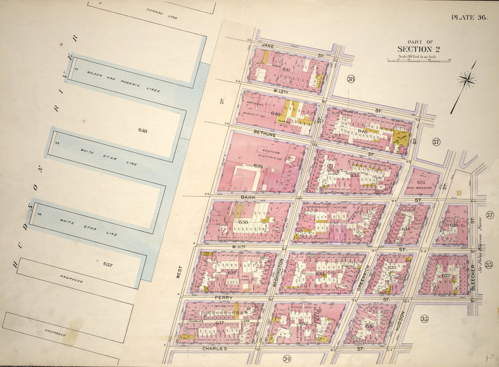 Detail of Bounded by Jane Street, Washington Street, W. 12th Street, Greenwich Street, Bethune Street, Hudson Street, Bank Street, Bleecker Street, Perry Street, Hudson Street, Charles Street and Hudson River Piers West Street, New York by Anonymous