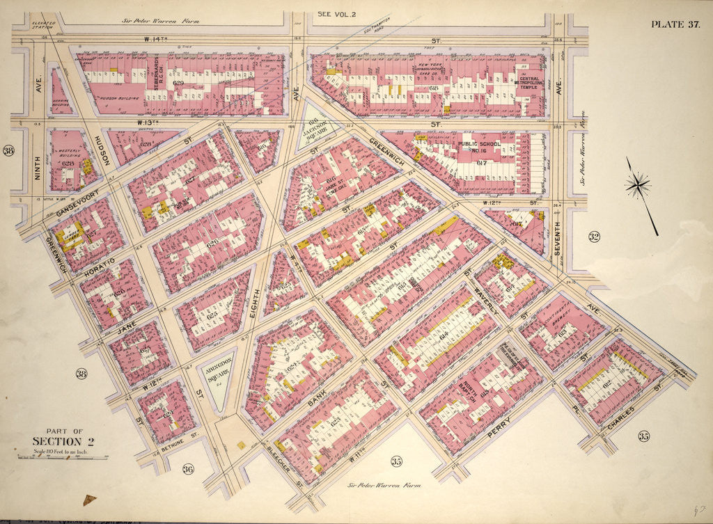 Detail of Bounded by W. 14th Street, Seventh Avenue, Greenwich Avenue, Charles Street, Waverly Place, Perry Street, W. 4th Street, W. 11th Street, Bleecker Street, Bank Street, Hudson Street, Bethune Street, Greenwich Street, New York by Anonymous