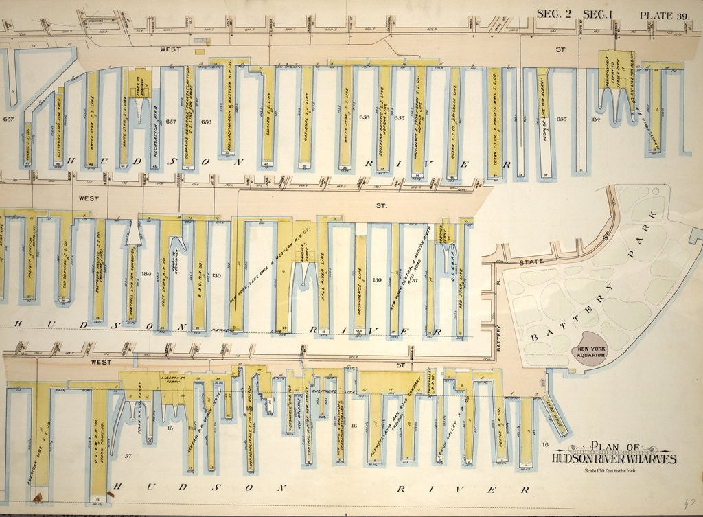 Detail of Plan of Hudson River Wharves. Covers the Wharves between Perry Street - Battery Park on West Street, New York by Anonymous