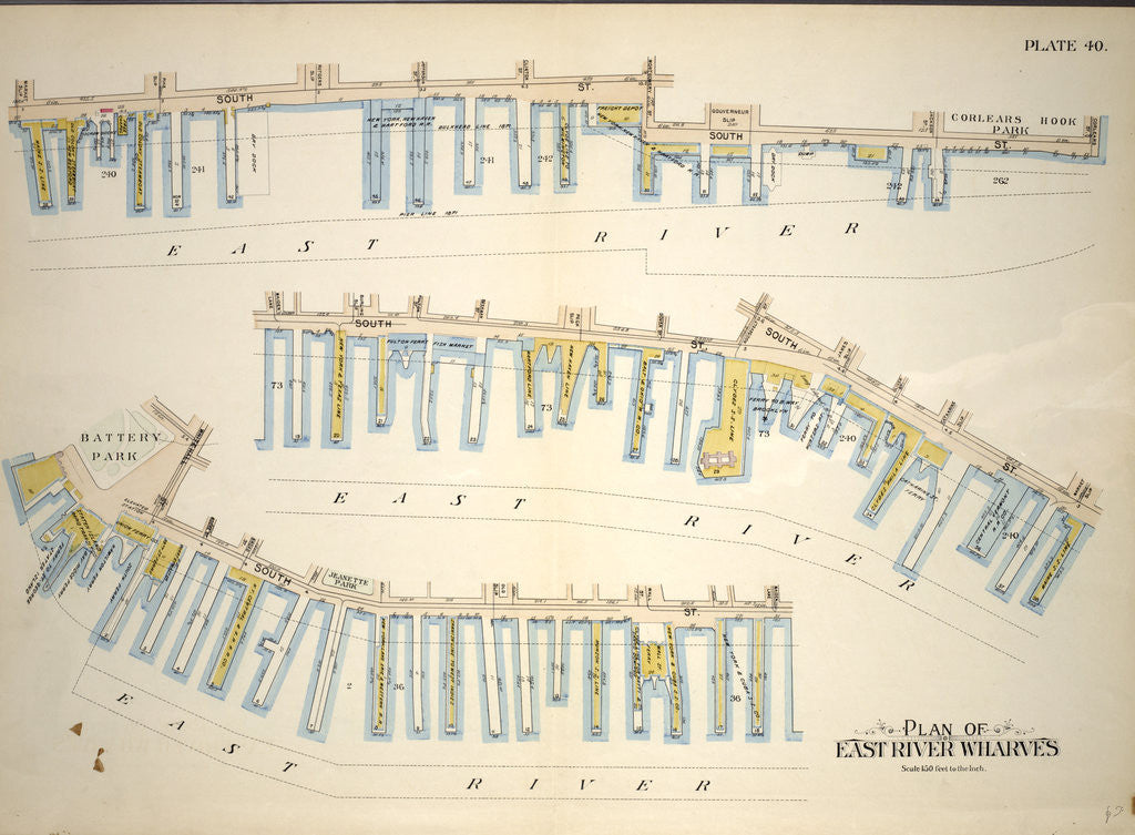 Detail of Plan of East River Wharves. Covers the Wharves between Corlears Street - Maiden Lane on South Street, New York by Anonymous