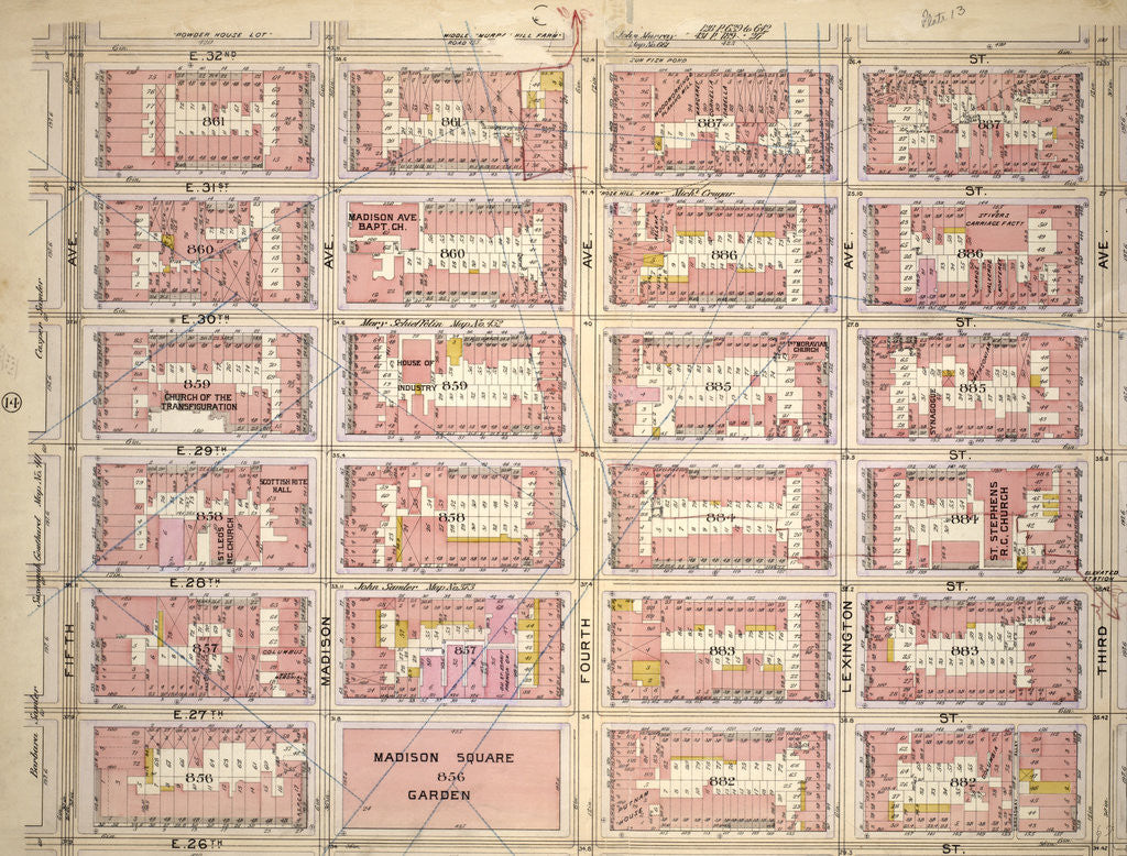 Detail of Bounded by E. 32nd Street, Third Avenue, E. 26th Street and Fifth Avenue, New York by Anonymous