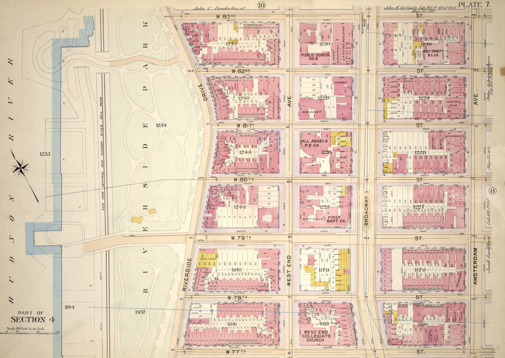 Detail of Bounded by W. 83rd Street, Amsterdam Avenue, W. 77th Street, West End Avenue and Riverside Drive, New York by Anonymous