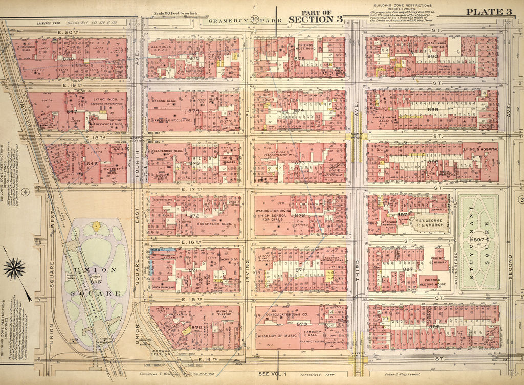 Detail of Bounded by E. 20th Street, Second Avenue, E. 14th Street, Union Square - East Fourth Avenue, E. 17th Street and Broadway, New York by Anonymous