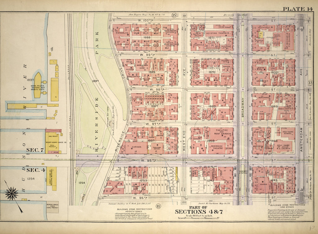 Detail of Bounded by W. 100th Street, Amsterdam Avenue, W. 95th Street and Riverside Park Riverside Drive, New York by Anonymous