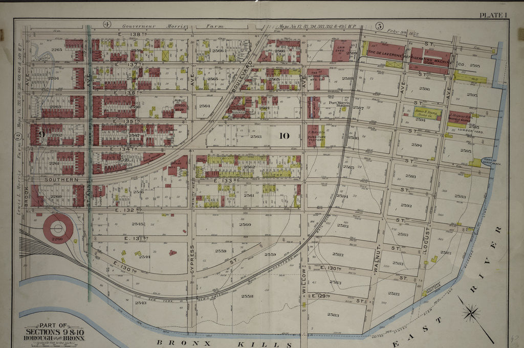 Detail of Borough of the Bronx. Bounded by E. 138th Street, Locust Avenue, E. 130th Street, Walnut Avenue, E. 129th Street, Willow Avenue, E. 130th Street, St. Anns Avenue, E. 132nd Street and Brook Avenue, New York by Anonymous