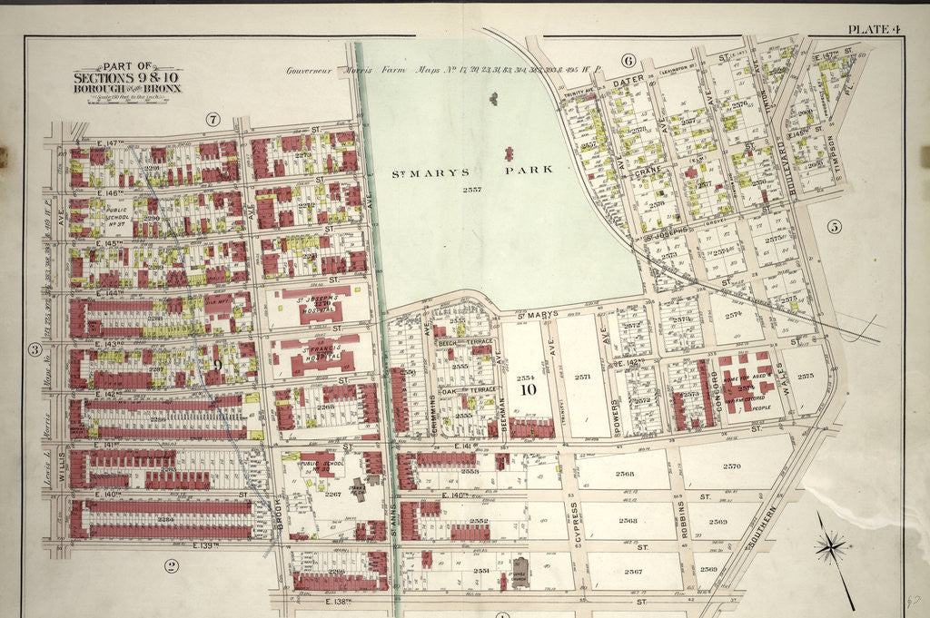Detail of Borough of the Bronx. Bounded by E. 147th Street, Trinity Avenue, Dater Street, Southern Boulevard, E. 138th Street, Brook Avenue, E. 139th Street and Willis Avenue, New York by Anonymous