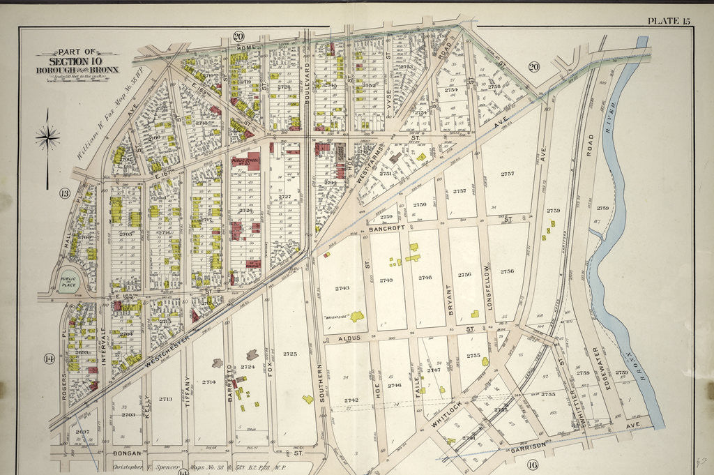 Detail of Borough of the Bronx. Bounded by Home Street, Westchester Avenue, Edgewater Road, Garrison Avenue, Faile Street, Whitlock Avenue, Dongan Street, Rogers Place, E. 165th Street, Hall Place and Intervale Avenue, New York by Anonymous