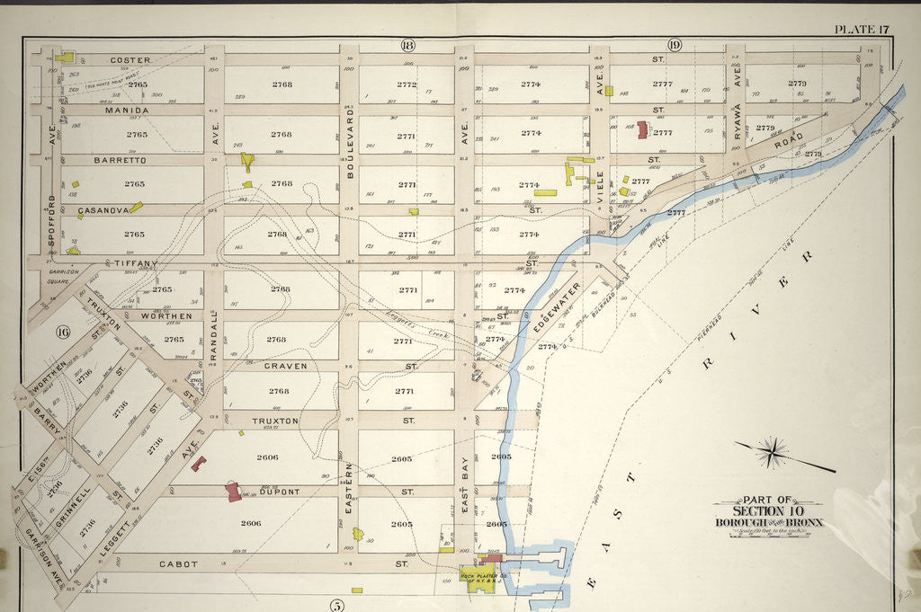Detail of Borough of the Bronx. Bounded by Coster Street, Edgewater Road, East Bay Avenue, Cabot Street, Leggett Avenue, Garrison Avenue, E. 156th Street, Barry Street, Worthen Street, Truxton Street, Tiffany Street and Spofford Avenue, New York by Anonymous