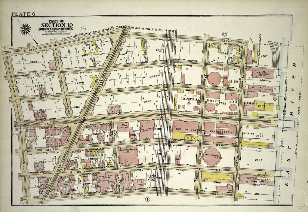 Detail of Borough of the Bronx. Bounded by E. 141st Street, Locust Avenue, E. 135th Street and Cypress Avenue, New York by Anonymous