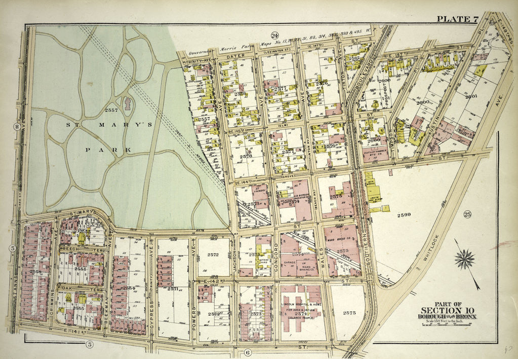Detail of Borough of the Bronx. Bounded by E. 147th Street, Southern Boulevard, E. 147th Street, Austin Place, 149th Street, Whitlock Avenue, E. 141st Street and St.Mary's Park St. Anns Avenue, New York by Anonymous