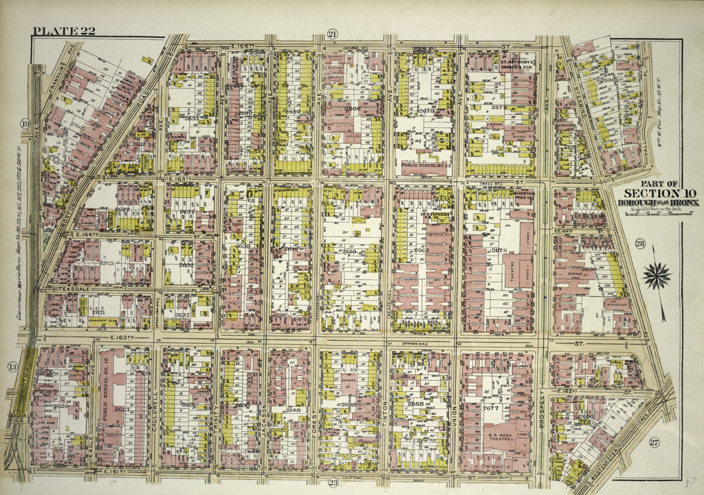 Detail of Borough of the Bronx. Bounded by E. 166th Street, Hall Place, E. 165th Street, Westchester Avenue, E. 161st Street and Third Avenue, New York by Anonymous