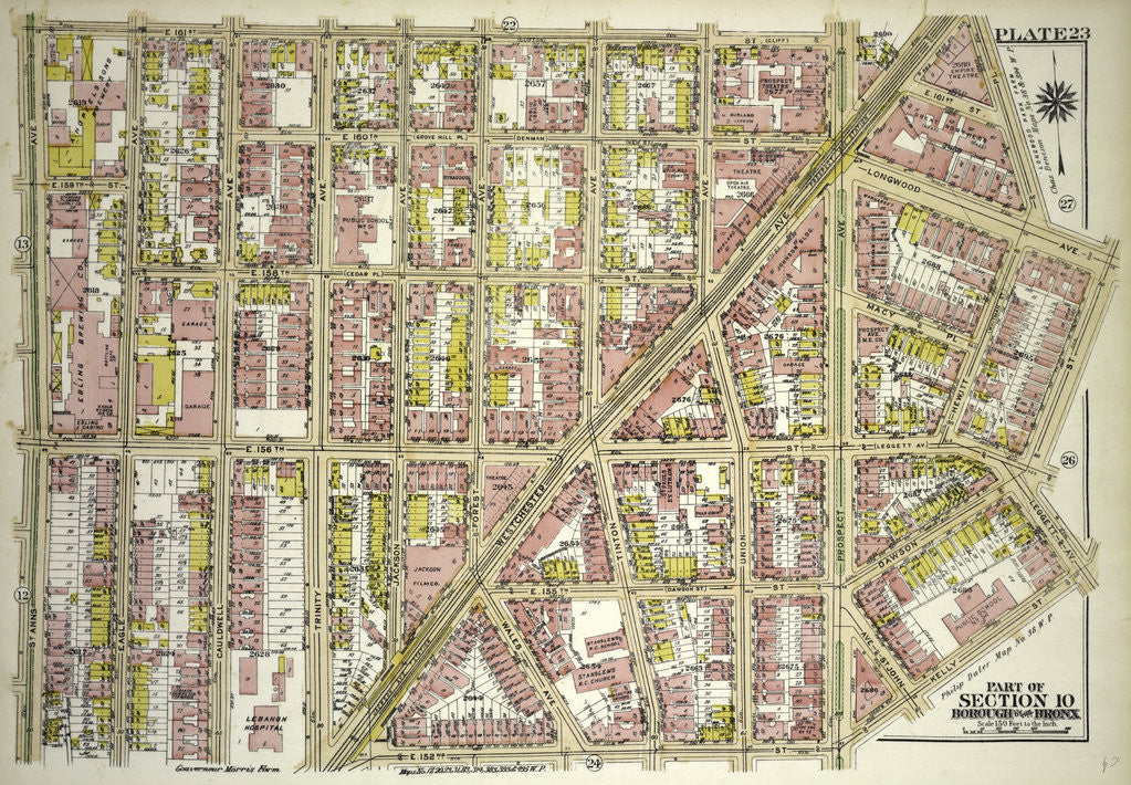 Detail of Borough of the Bronx. Bounded by E. 161st Street, Hewitt's Place, Longwood Avenue, Dawson Street, Leggett Avenue, Kelly Street, E. 152nd Street, and St. Anns Avenue, New York by Anonymous